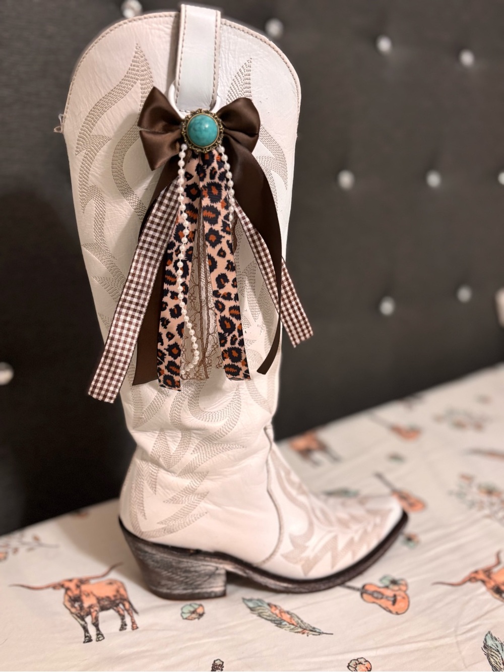 Western Boot accessory with Brown Ribbon & Turquoise Accent